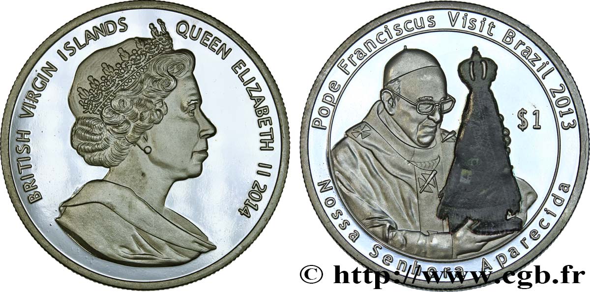 ISLAS VíRGENES BRITáNICAS 1 Dollar Proof visite du pape François au Brésil 2014  FDC 