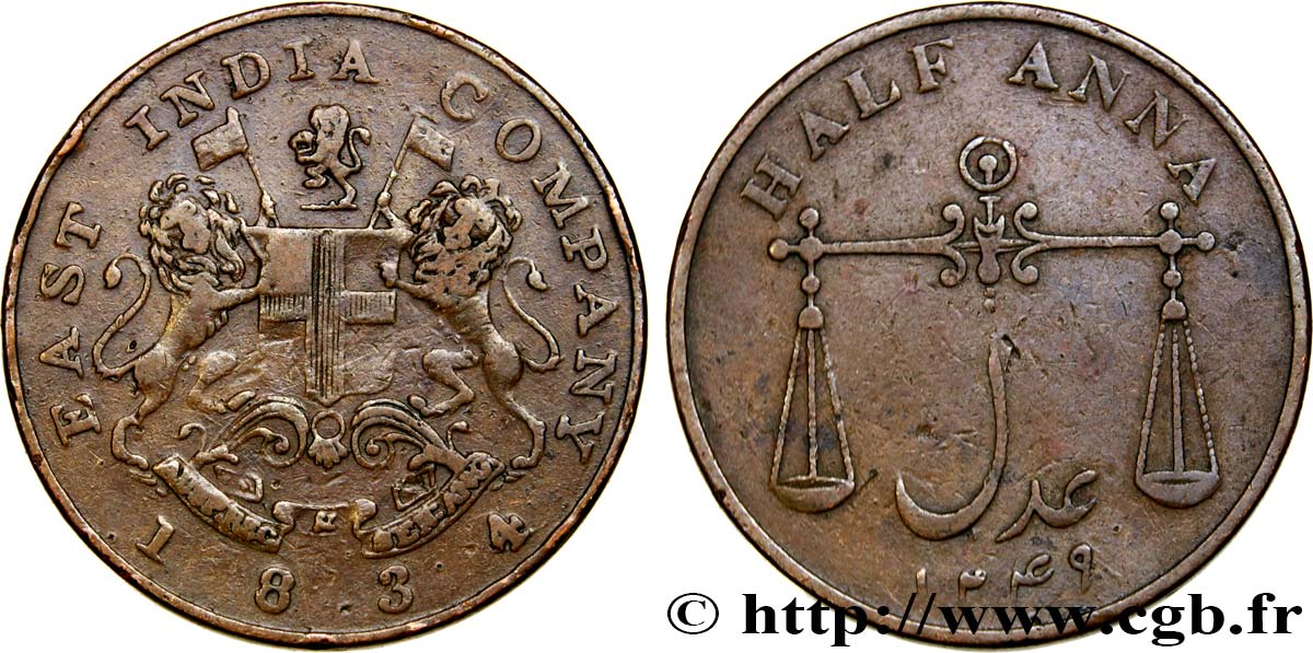INDES BRITANNIQUES 1/2 Anna East India Company AH 1249 1834 Bombay TB 