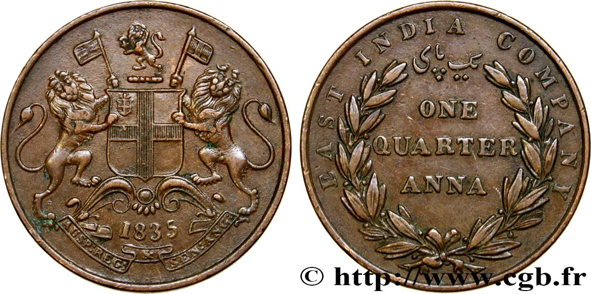 BRITISH INDIA 1/4 Anna East India Company 1835 Calcutta AU 