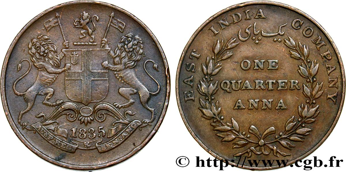 INDES BRITANNIQUES 1/4 Anna East India Company 1835 Calcutta TTB+ 