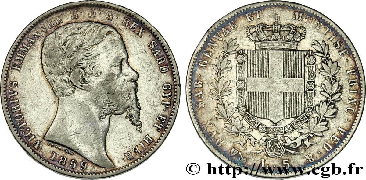 ITALIA - REGNO DE SARDINIA 5 Lire Victor Emmanuel II 1859 Gênes q.BB 