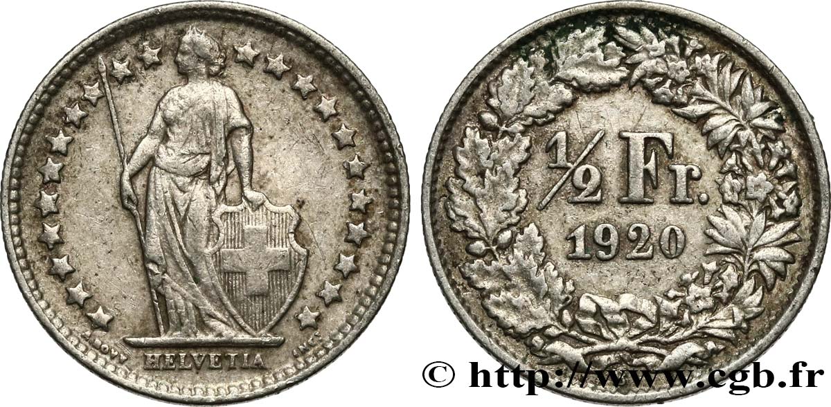 SWITZERLAND 1/2 Franc Helvetia 1920 Berne XF 