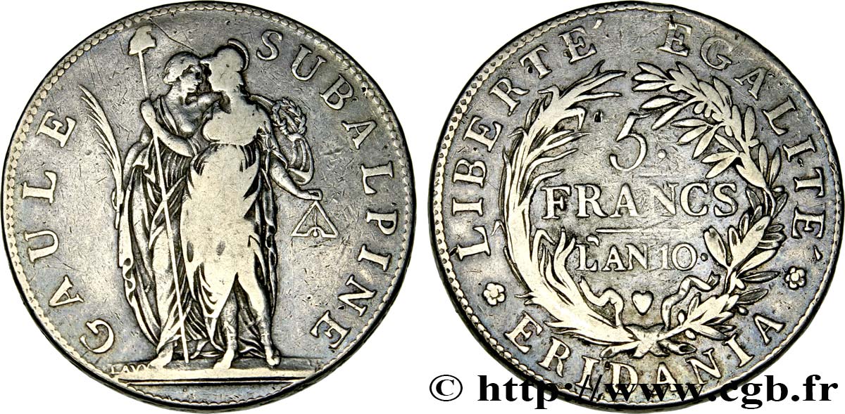ITALIA - GALLIA SUBALPINA 5 Francs an 10 1802 Turin BC 