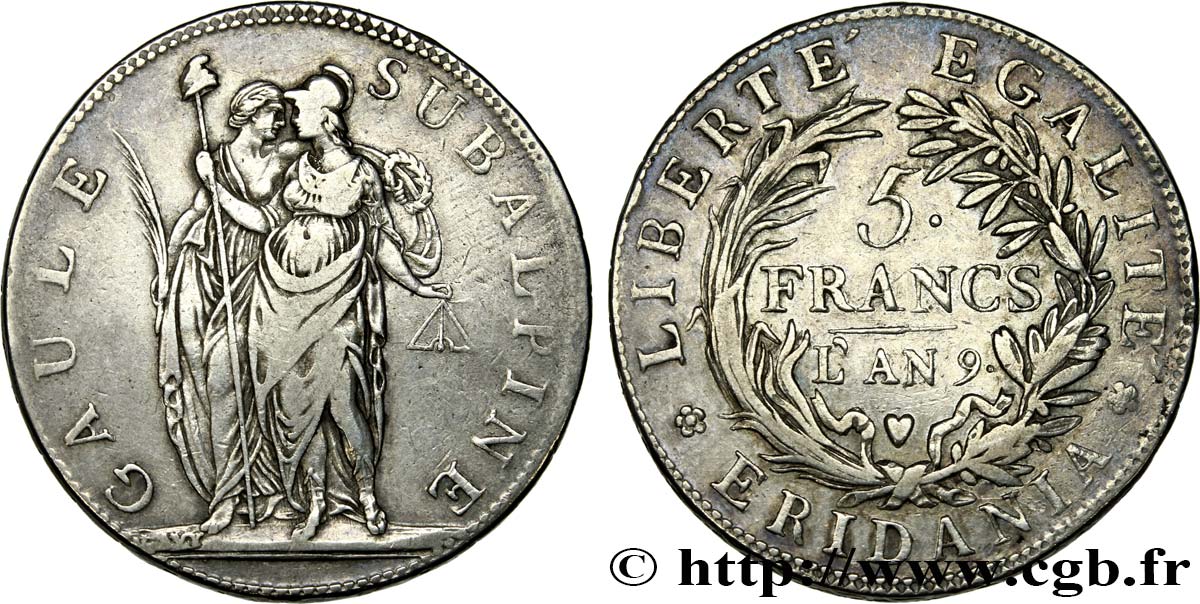 ITALIA - GALIA SUBALPINA 5 Francs an 9 1801 Turin q.BB 