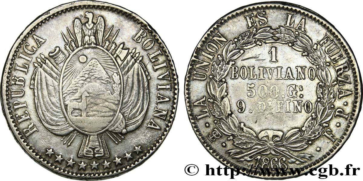 BOLIVIA 1 Boliviano 1866 Potosi XF 