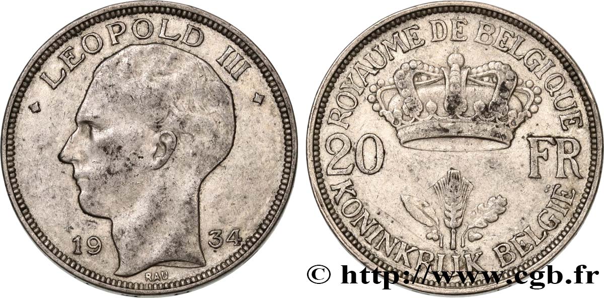 BELGIQUE 20 Francs Léopold III légende Flamande position A 1934  TTB 