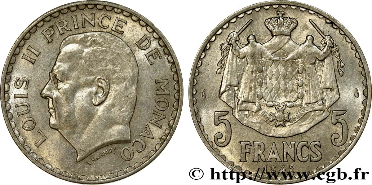 MONACO 5 Francs Louis II 1945 Paris VZ 