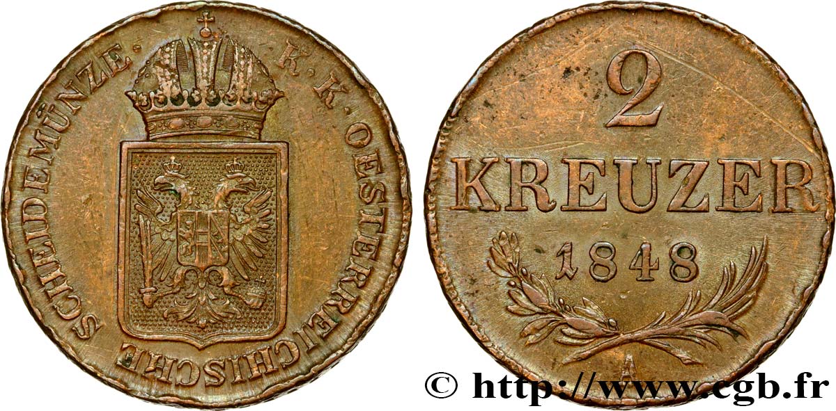 AUSTRIA 2 Kreuzer monnayage de la révolution de 1848-1849 1848 Vienne AU 