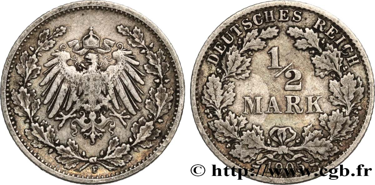 ALEMANIA 1/2 Mark Empire aigle impérial 1905 Stuttgart - F BC+ 