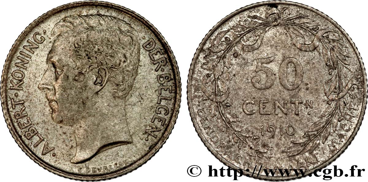 BELGIQUE 50 Centimes Albert Ier légende flamande 1910  TTB 