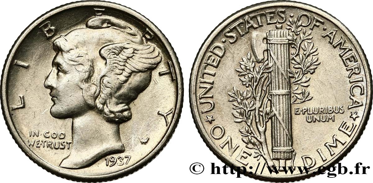 UNITED STATES OF AMERICA 1 Dime Mercury 1937 Philadelphie AU 