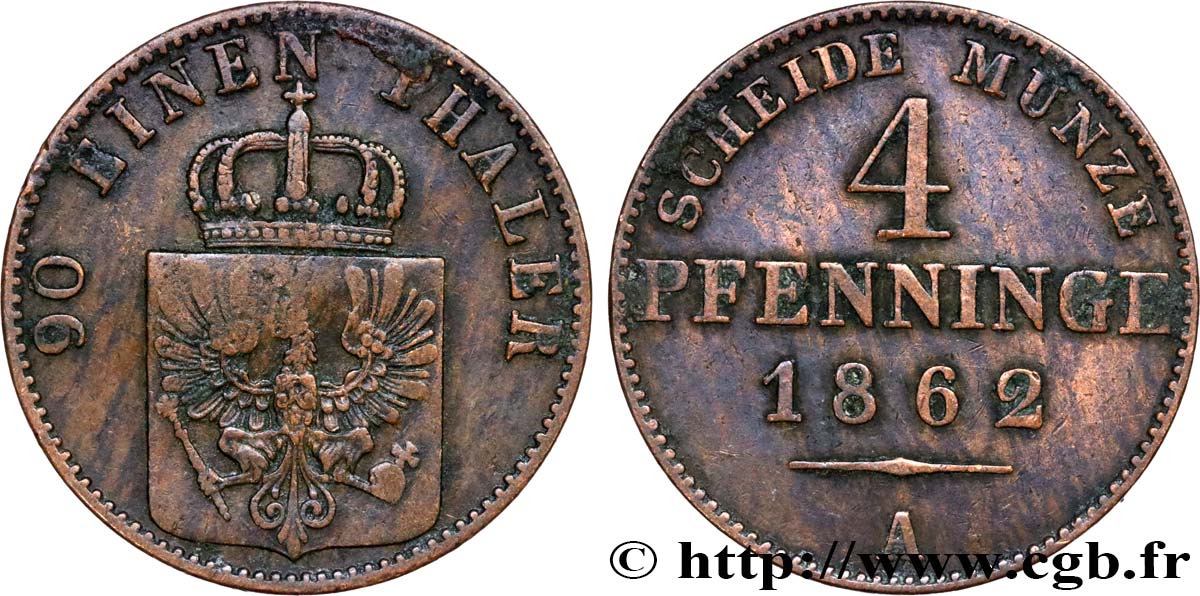 GERMANIA - PRUSSIA 4 Pfenninge Royaume de Prusse écu à l’aigle 1860 Berlin q.BB 