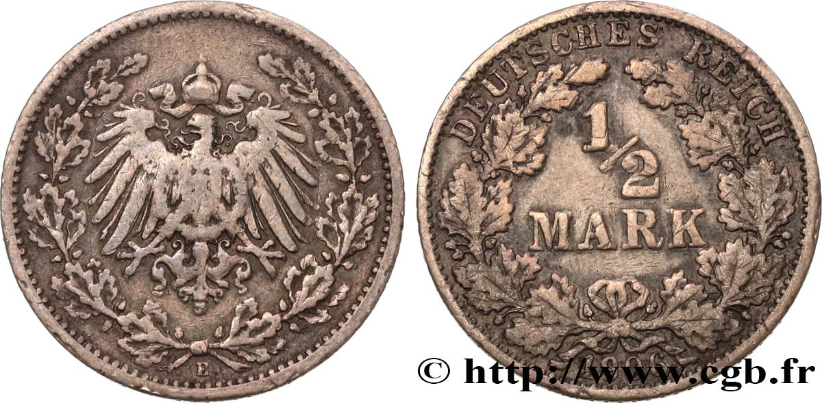 DEUTSCHLAND 1/2 Mark Empire aigle impérial 1906 Muldenhütten - E SS 