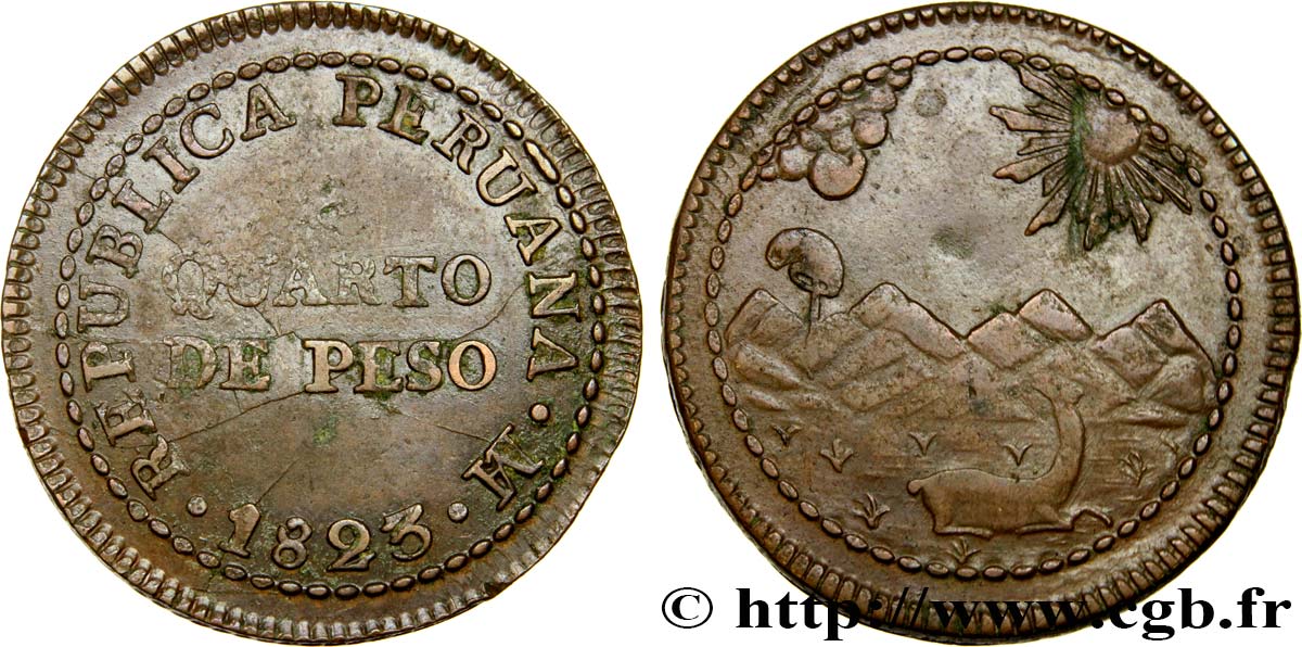 PÉROU 1/4 Peso monnayage provisoire républicain
 1823 Lima SUP 