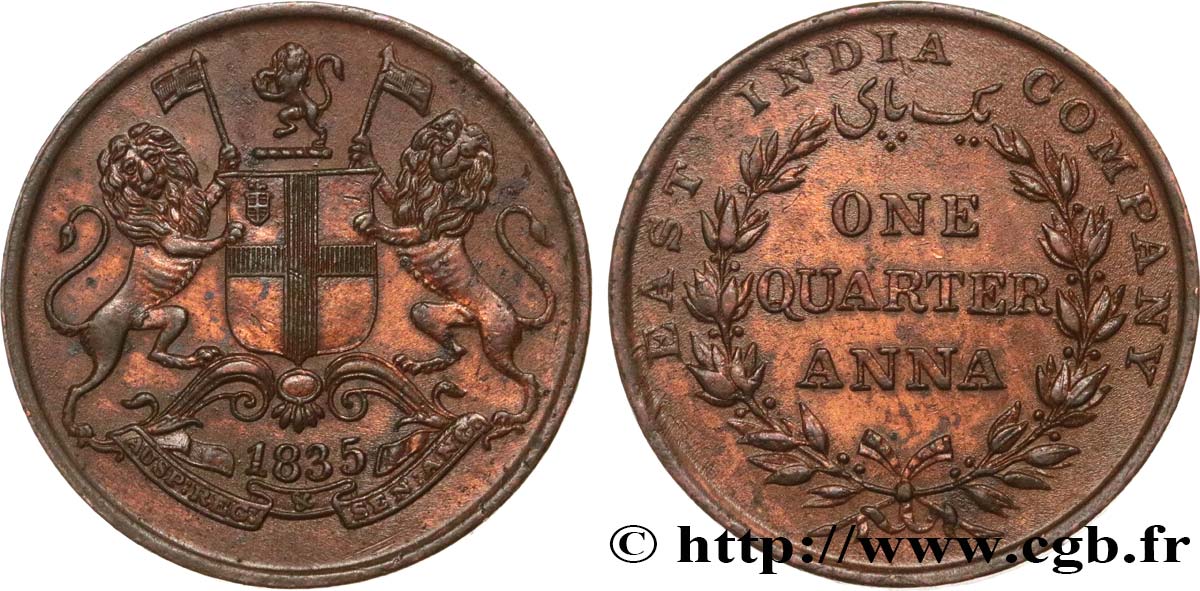 INDES BRITANNIQUES 1/4 Anna East India Company 1835 Calcutta SUP/TTB+ 