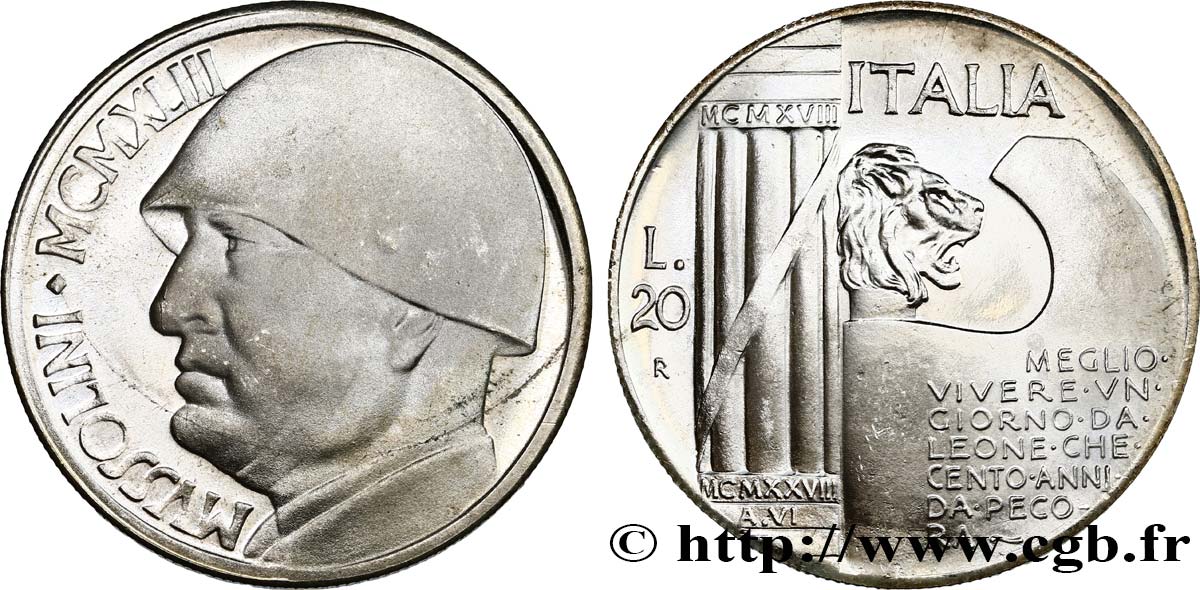 ITALIEN 20 Lire Mussolini (monnaie apocryphe) 1928 Rome - R fST 