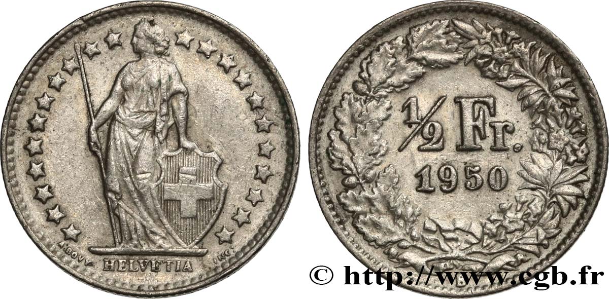 SWITZERLAND 1/2 Franc Helvetia 1950 Berne AU 