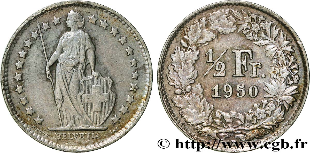 SUIZA 1/2 Franc Helvetia 1950 Berne EBC 