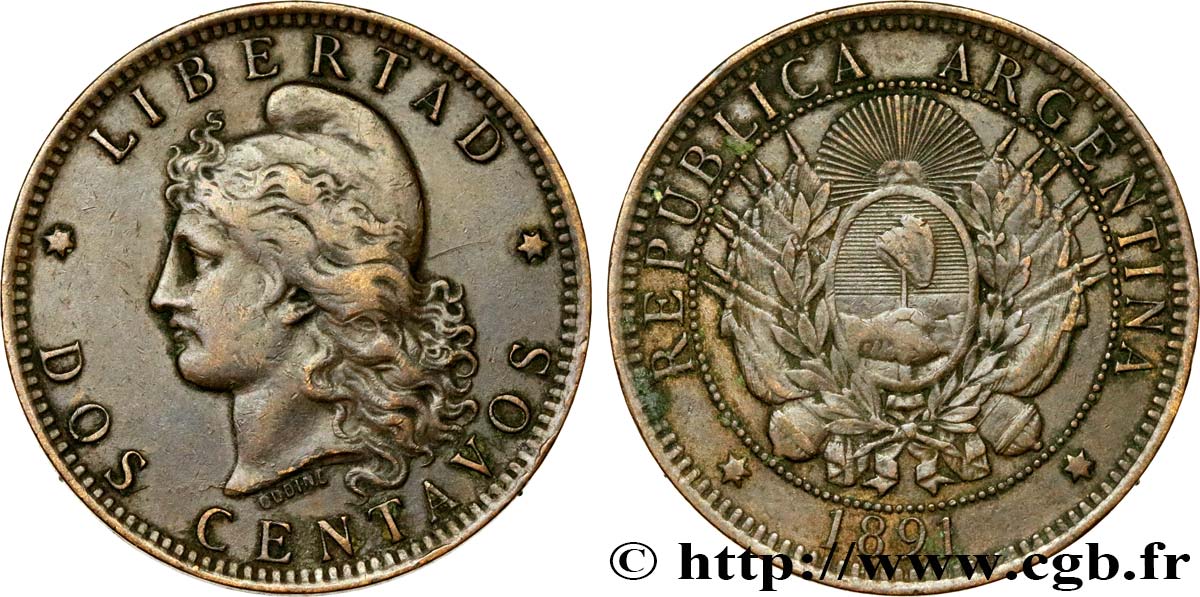 ARGENTINE 2 Centavos emblème / “Liberté” 1891  TTB 
