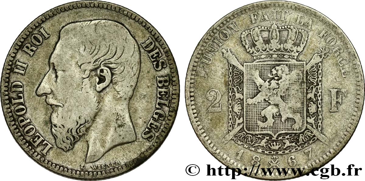 BELGIO 2 Francs Léopold II légende française 1867  MB 