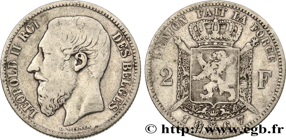 BELGIO 2 Francs Léopold II légende française 1867  MB 