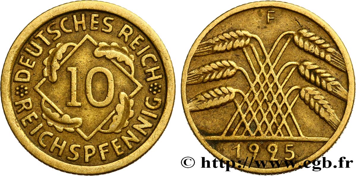 ALLEMAGNE 10 Reichspfennig gerbe de blé 1925 Stuttgart - F TB+ 