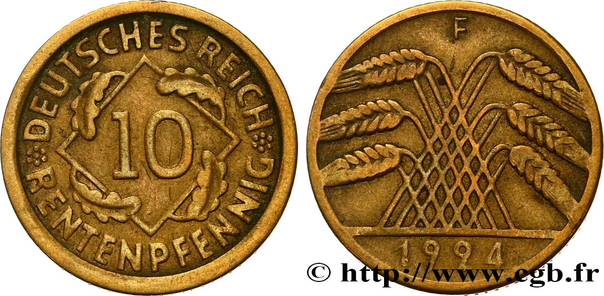 ALLEMAGNE 10 Rentenpfennig gerbe de blé 1924 Stuttgart - F TB+ 