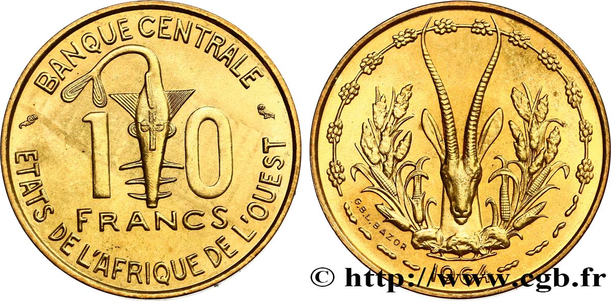 ESTADOS DE ÁFRICA DEL OESTE 10 Francs BCEAO masque / antilope 1964 Paris SC 