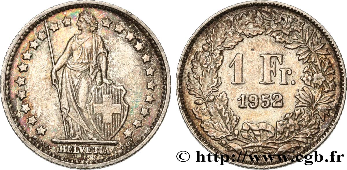 SUIZA 1 Franc Helvetia 1952 Berne EBC 
