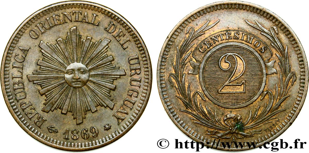 URUGUAY 2 Centesimos 1869 Heaton SPL 