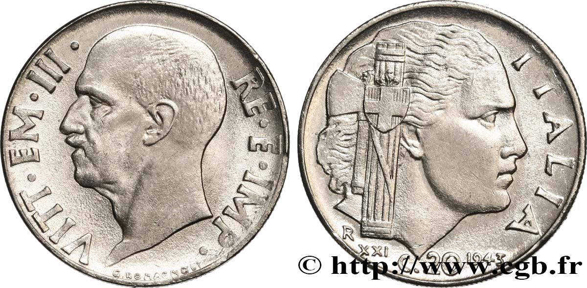 ITALIA 20 Centesimi roi Victor-Emmanuel III / allégorie de l’Italie et faisceau an XXI 1943 Rome - R EBC 