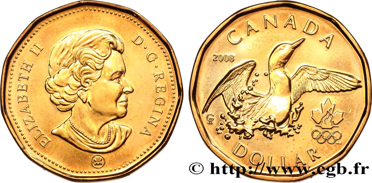 CANADá
 1 Dollar Lucky Loonie : Elisabeth II /Plongeon huard et logo des jeux olympique de Vancouver (2010). 2008  SC 