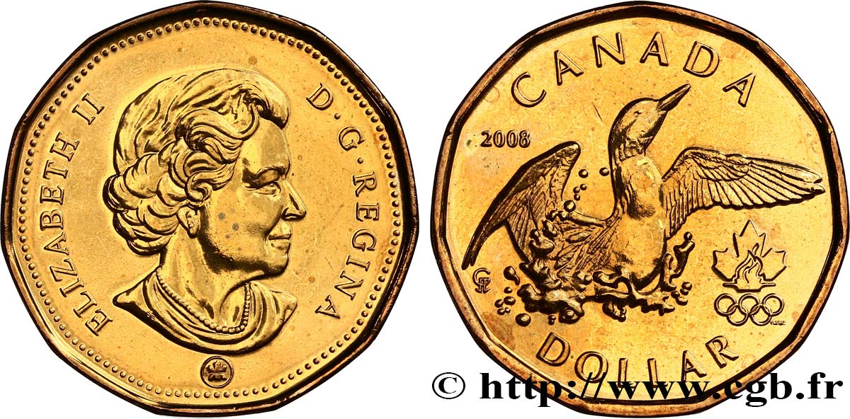 CANADá
 1 Dollar Lucky Loonie : Elisabeth II /Plongeon huard et logo des jeux olympique de Vancouver (2010). 2008  SC 