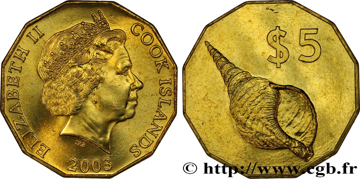 ISOLE COOK 5 Dollars Elisabeth II / Coquillage 2003  MS 