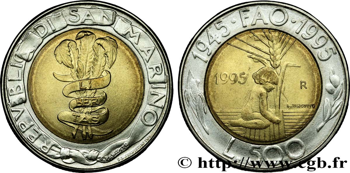 SAN MARINO 500 Lire FAO : bannière Libertas / enfant au pied d’un épi de blé 1995 Rome - R EBC 
