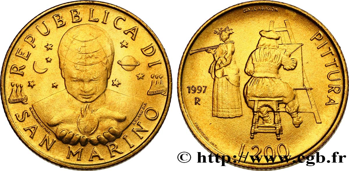 SAINT-MARIN 200 Lire enfant de l’univers / l’atelier du peintre Jan Vermeer 1997 Rome - R SPL 