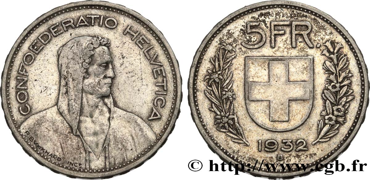 SWITZERLAND 5 Francs Berger des alpes 1932 Berne XF 