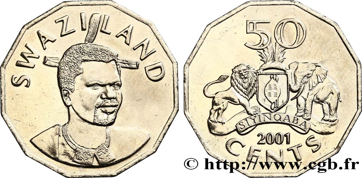 SWAZILAND 50 Cents Roi Msawati III / emblème national 2001  SPL 