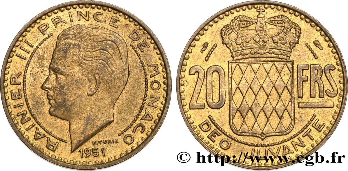 MONACO 20 Francs Rainier III 1951 Paris XF 