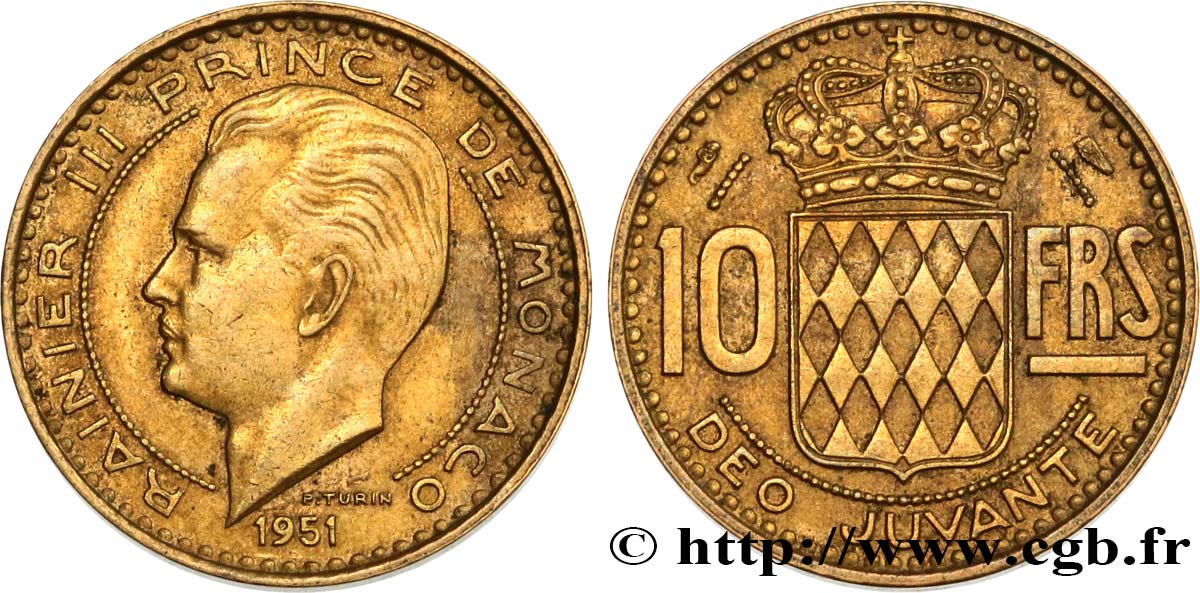 MONACO 10 Francs Rainier III / écu couronné 1951 Paris MBC+ 