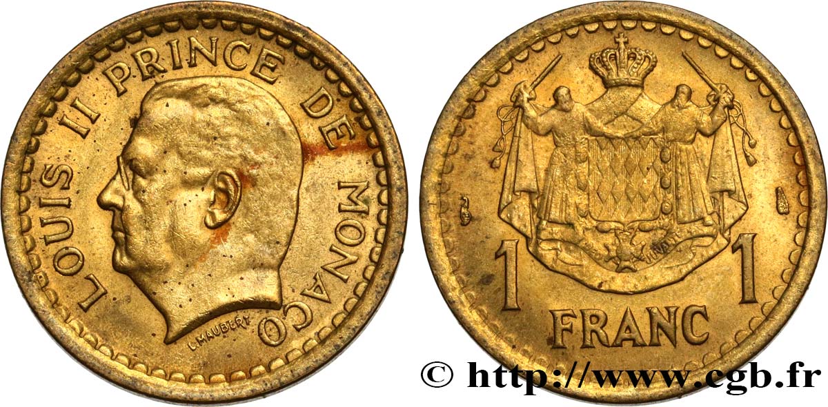 MONACO 1 Franc Louis II / armes (1943) Paris SUP 