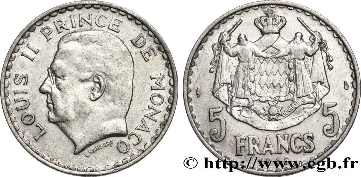 MONACO 5 Francs Louis II / armoiries 1945 Paris MBC 