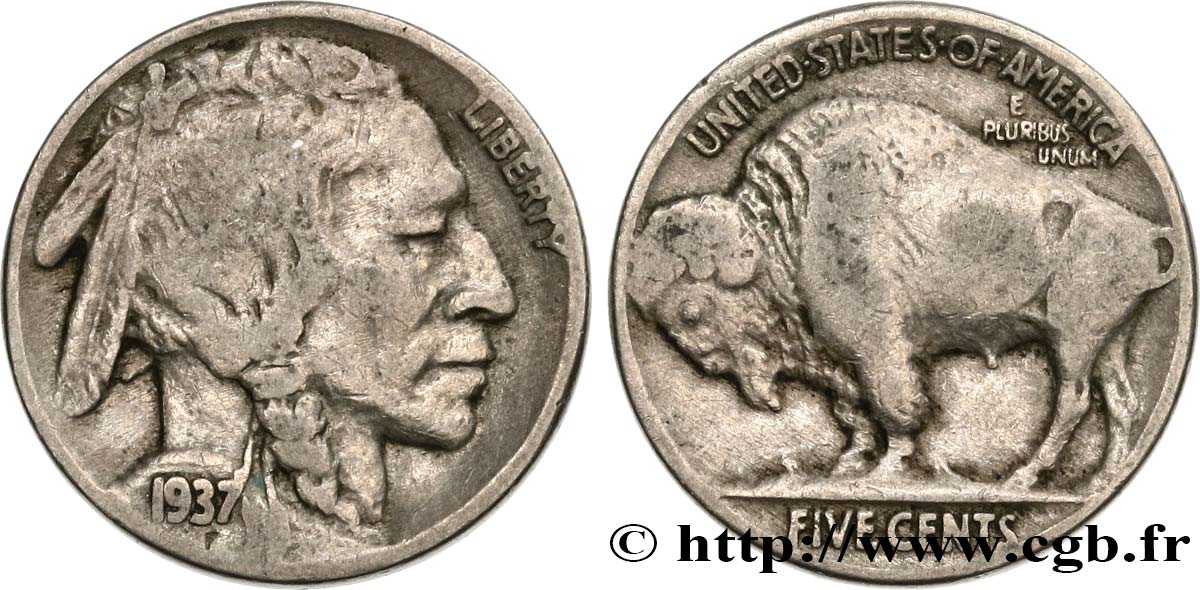 ÉTATS-UNIS D AMÉRIQUE 5 Cents Tête d’indien ou Buffalo 1937 Philadelphie TTB 
