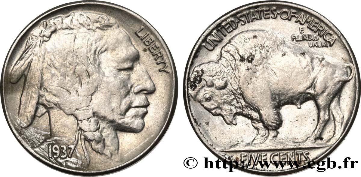 UNITED STATES OF AMERICA 5 Cents Tête d’indien ou Buffalo 1937 Philadelphie AU 