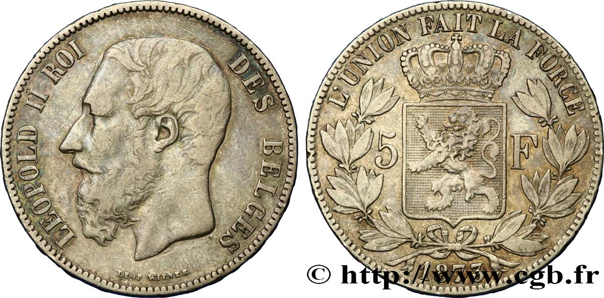 BELGIQUE 5 Francs Léopold II 1873  TB+/TTB 