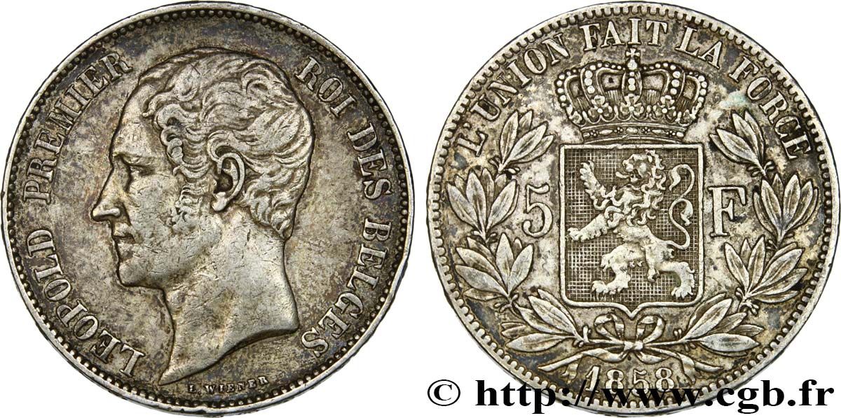 BELGIUM 5 Francs Léopold Ier tête nue 1858  XF 