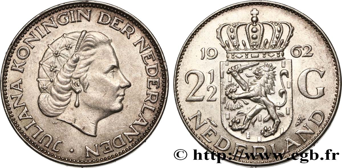 NETHERLANDS 2 1/2 Gulden Juliana 1962 Utrecht AU 