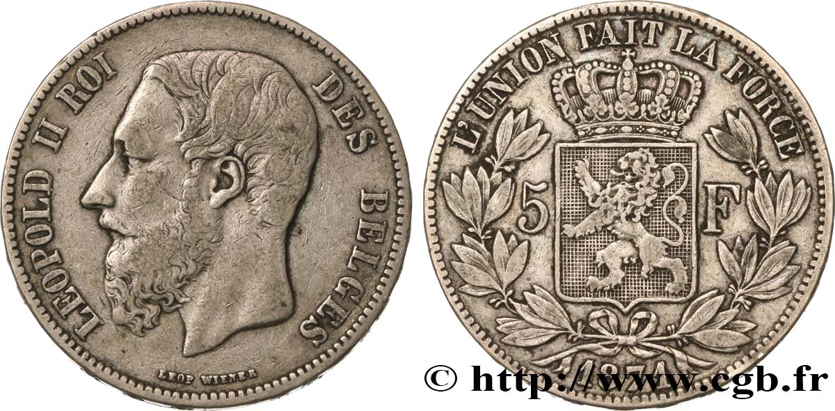 BELGIEN 5 Francs Léopold II 1871  fSS 