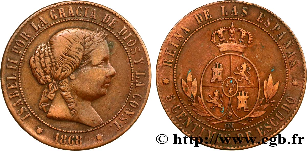 ESPAGNE 5 Centimos de Escudo Isabelle II  1868 Oeschger Mesdach & CO TB+/TTB 