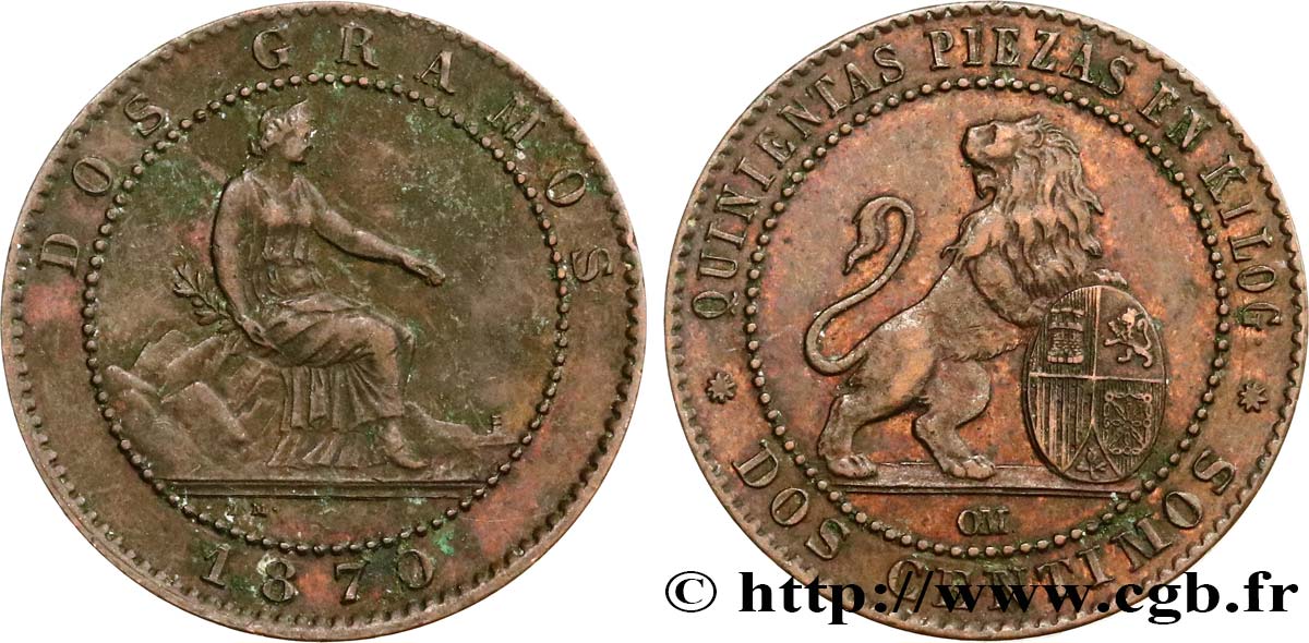 ESPAGNE 2 Centimos monnayage provisoire 1870 Oeschger Mesdach & CO TTB 